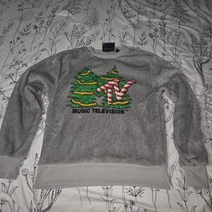 MTV Christmas Sweatshirt Gray Plush Fuzzy Fleece Holiday Candy Cane Trees...